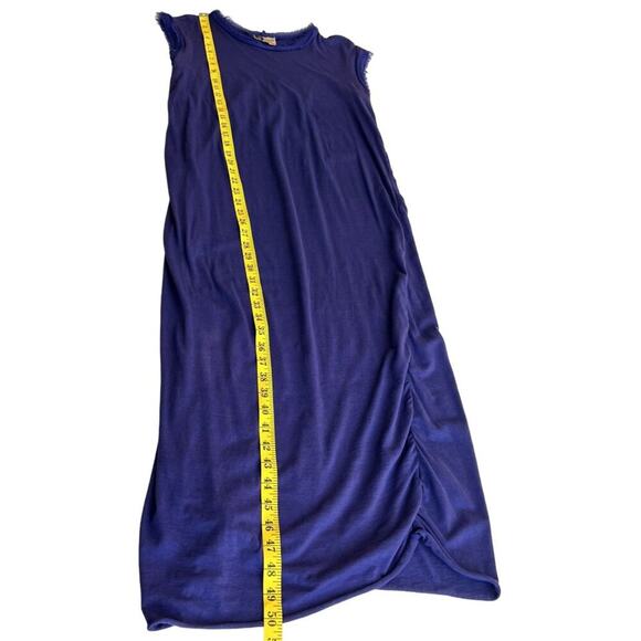 LANVIN Paris Blue Silk Ruched Midi Dress Size M Sleeveless Fringe Hem Luxury - Picture 7 of 13